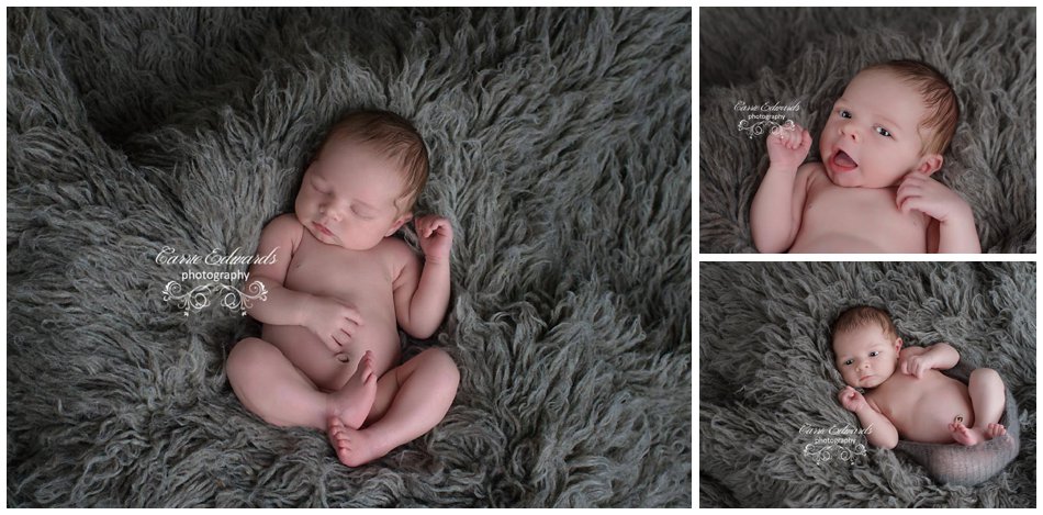 Carrie Edwards Photography, Evergreen Newborn Photographer, baby pictures, baby boy on grey rug 